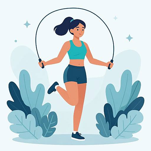 Digital illustration of a fit woman with dark blue hair in a ponytail, jumping rope, wearing a turquoise sports bra and black shorts, surrounded by blue