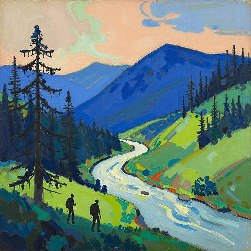 Abstract Mountain Landscape with Hikers