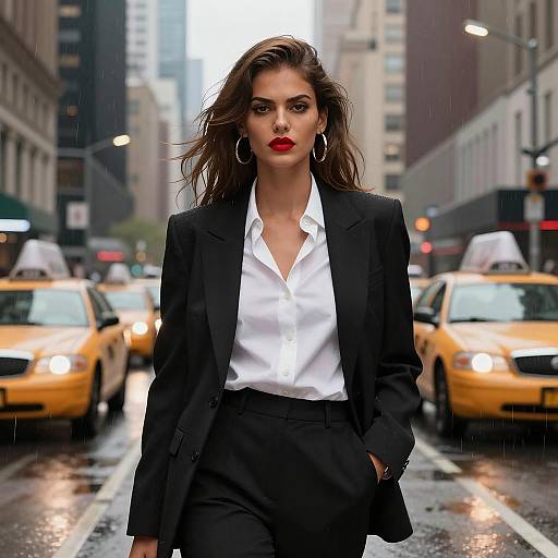 Confident Woman in Rainy City Scene