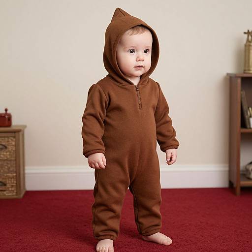 Photograph of a fair-skinned baby in a brown hooded onesie, standing on red carpet, with a wooden nightstand and bookshelf in