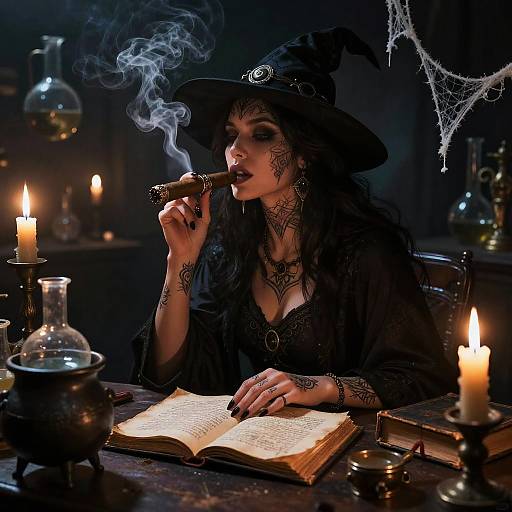 Mysterious witch with black hair, tattoos, and hat smokes pipe, reading book in dimly lit, candlelit, dark, gothic study