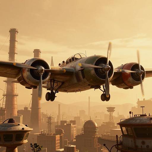 Vintage twin-engine aircraft flying over a futuristic, industrial cityscape with smokestacks and domed buildings at sunset. Warm, golden light. Photoreal