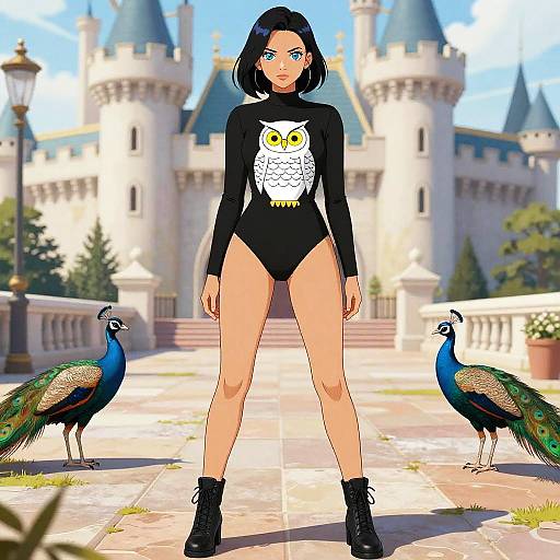 Edgy Woman in Bodysuit with Owl Graphic