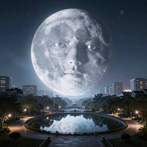 Photograph-style CGI image of a giant glowing full moon with a human face, hovering above a city park with a reflective pond and illuminated buildings at night