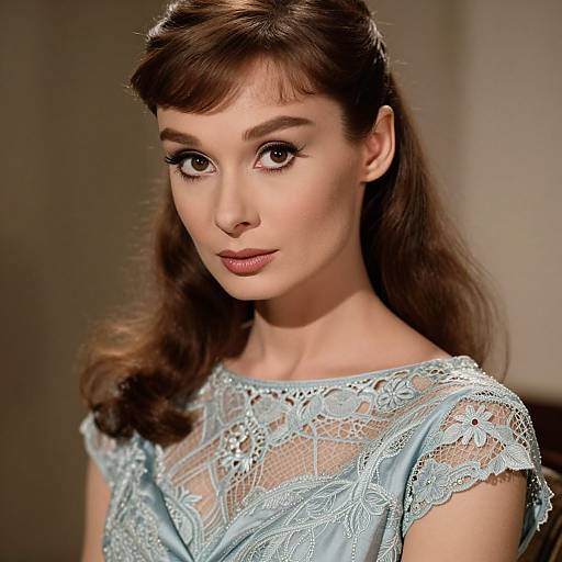 Photograph of a fair-skinned woman with dark brown, wavy hair and bangs, wearing a light blue lace dress, looking directly at the