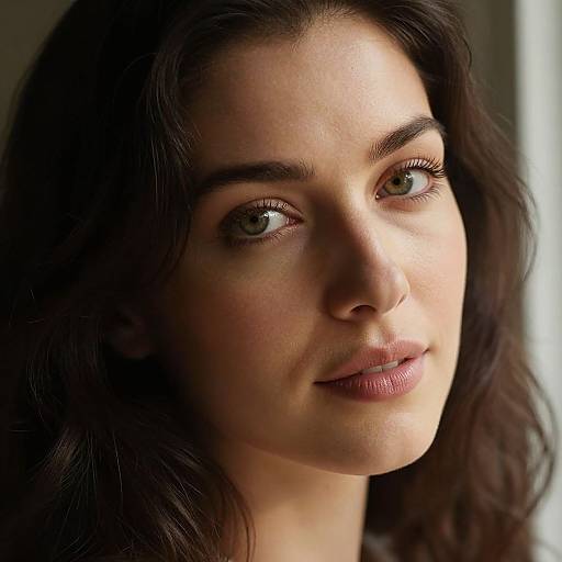 Close-up photograph of a young woman with fair skin, green eyes, and dark brown wavy hair, softly lit, with a subtle smile.