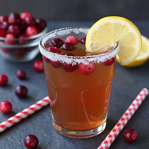 Photograph of a glass with sugared rim, filled with amber liquid, cranberries, and a lemon slice, with red-striped straws and scattered