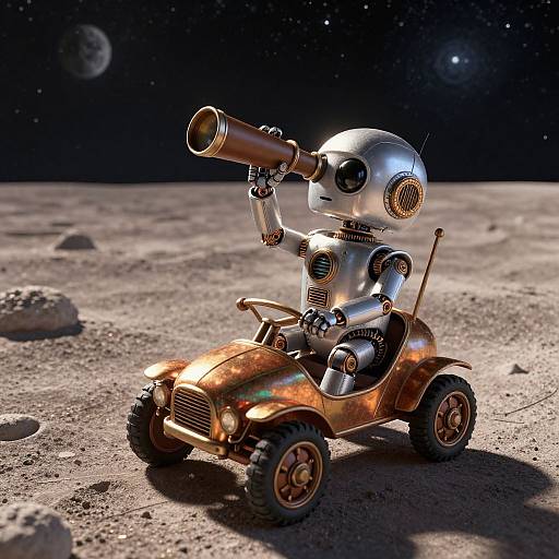 CGI image of a metallic robot in a vintage, gold-colored car, on a moonlit, rocky surface, gazing through a telescope at a