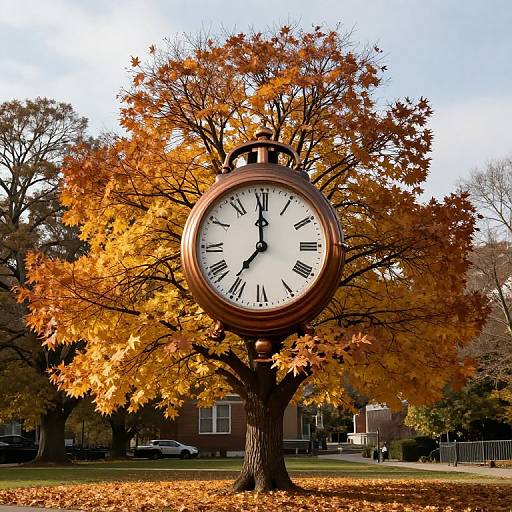 Photograph of a large, round, clock embedded in a vibrant autumn tree with orange leaves, set in a suburban park.