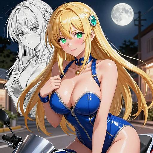 Digital anime artwork of a blonde woman with green eyes in a tight blue latex outfit, large breasts, moonlit night, monochrome sketch of her behind