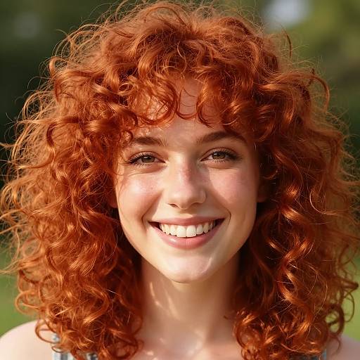 Photograph of a smiling young woman with vibrant, curly red hair, fair skin, and freckles, standing outdoors with a blurred green background.