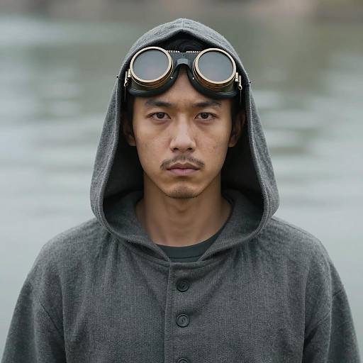 Young Man in Grey Hooded Cloak with Steampunk Goggles