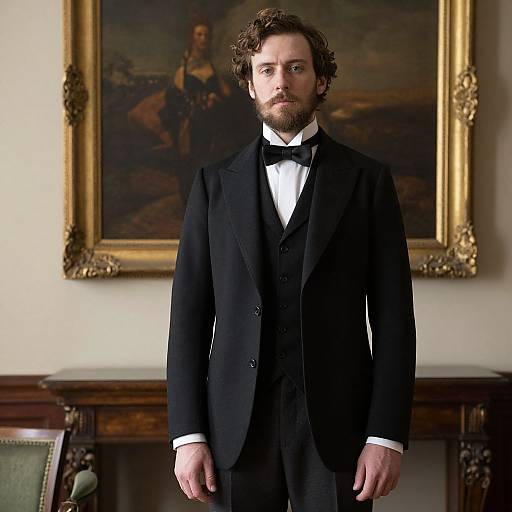 Photograph of a bearded man with curly brown hair, wearing a black tuxedo and bow tie, standing in front of a framed classical painting