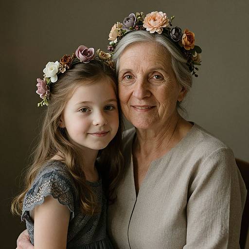 Photograph of elderly woman with white hair and floral crown, arm around young girl with similar flower crown, both smiling.