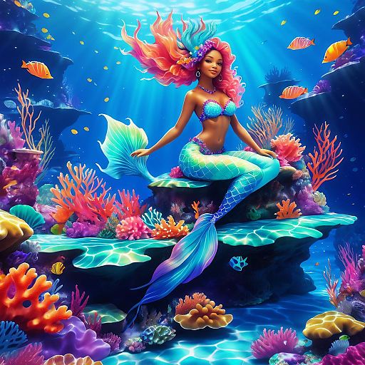 Whimsical Mermaid in Vibrant Underwater Scene Whimsical Mermaid in Vibrant Underwater Scene