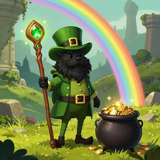 Digital illustration of a black-furred leprechaun in green outfit, holding a staff with green gem, standing beside a bubbling cauldron