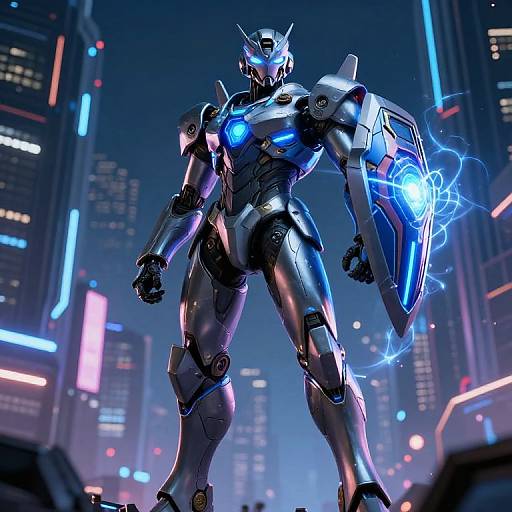 CGI of a futuristic, blue-glowing, armored robot with glowing blue chest and shield, standing in a neon-lit, cyberpunk city