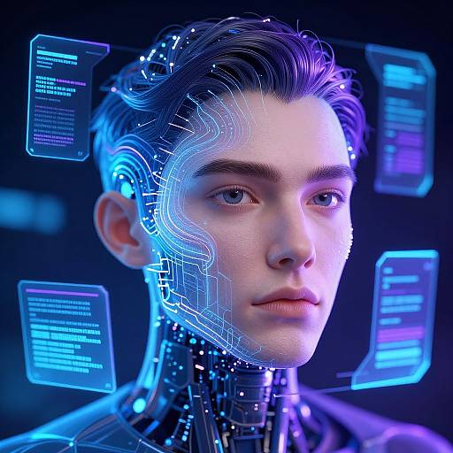 Photorealistic CGI of a young man with cybernetic enhancements, glowing blue holographic interfaces floating around his head against a dark background.