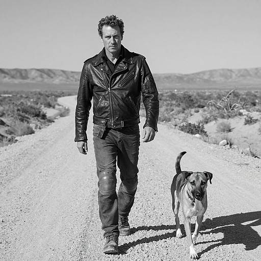 Man Walking with Dog on Gravel Desert Road
