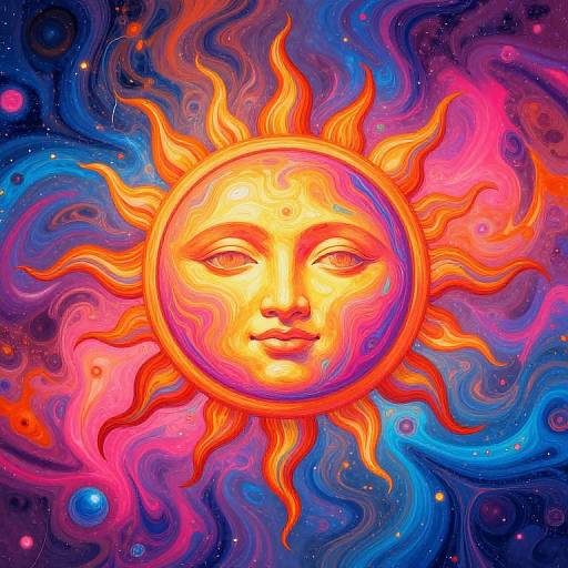 Vibrant digital artwork of a sun with a human face, surrounded by swirling neon orange, pink, and blue flames in a cosmic background.