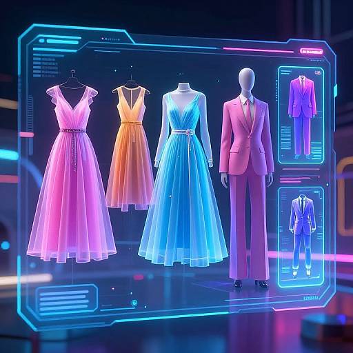Neon-lit fashion display: four glowing dresses (pink, orange, blue) and a pink suit, on mannequins, in futuristic
