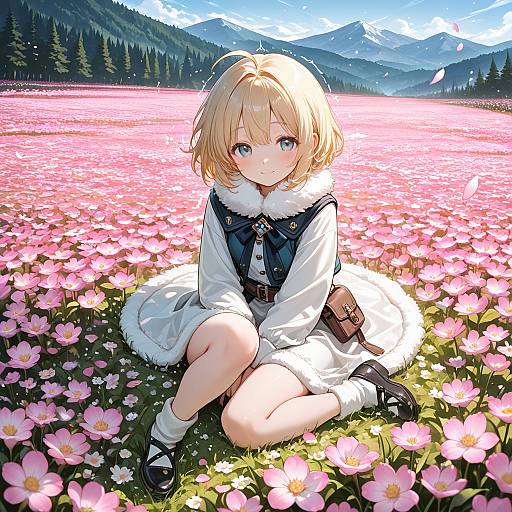 Blonde Girl Sitting in Pink Flower Field