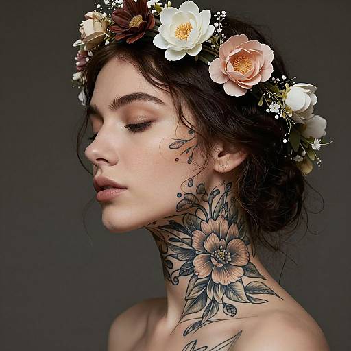 Photograph of a pale-skinned woman with dark hair, wearing a floral crown, showcasing a large, detailed sunflower tattoo on her neck against a