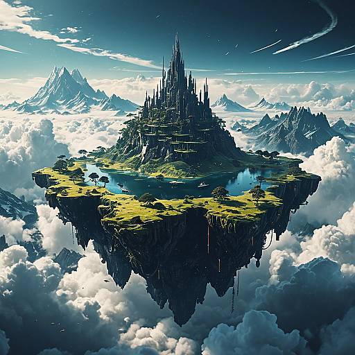 Mystical Floating Island with Castle Above Clouds