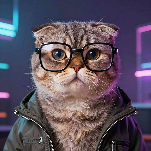 Photograph of a gray tabby cat with large black-rimmed glasses, wearing a green zip-up jacket, against a neon-lit background.