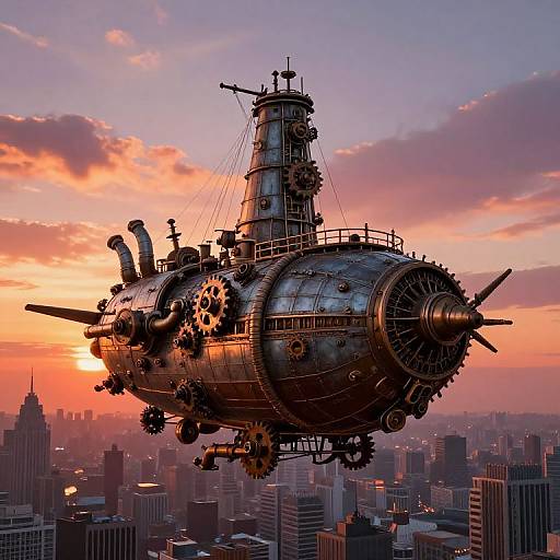 Lopsided Steampunk Airship at Sunset