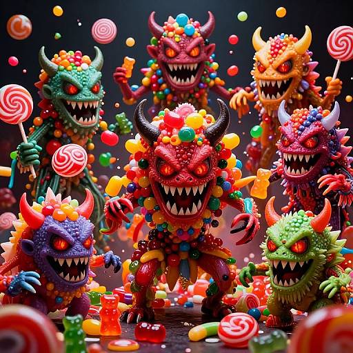 Digital artwork of colorful, candy-covered, horned monsters with sharp teeth, holding and surrounded by various lollipops and swirl candies.