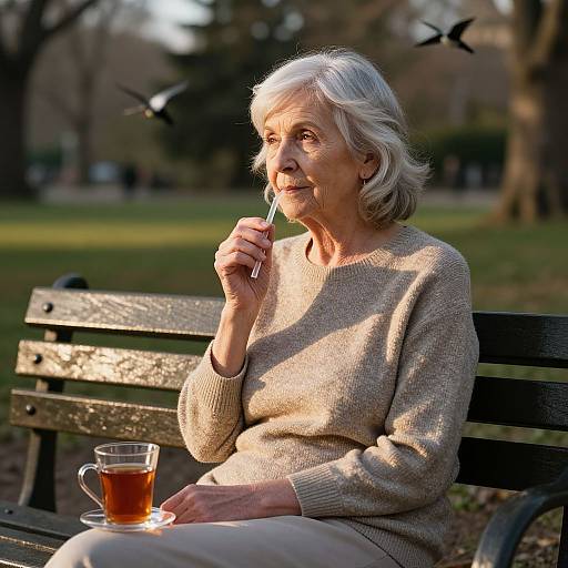 Photograph of an elderly white woman with short gray hair, wearing a beige sweater, sipping tea on a park bench with birds flying in the background