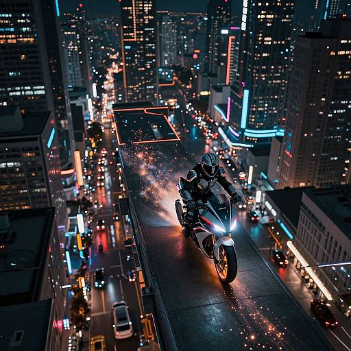 Aerial night photograph of a motorcyclist with glowing headlights speeding through a neon-lit, bustling city street, surrounded by illuminated skyscrapers.