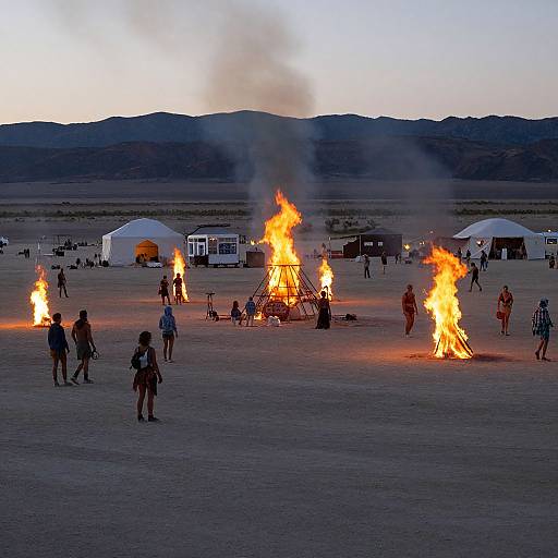 Photograph of a desert campsite at dusk, featuring multiple bright campfires, people in casual clothing, white tents, and a mountainous horizon in