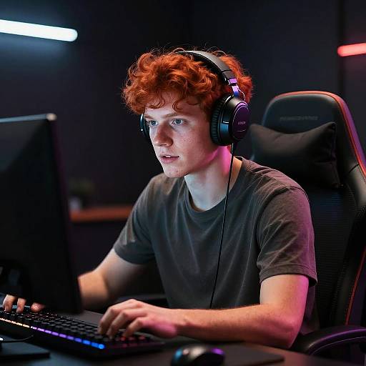 Photograph of a focused, red-haired young man with curly hair, wearing black headphones and a gray t-shirt, typing on a keyboard in a dim