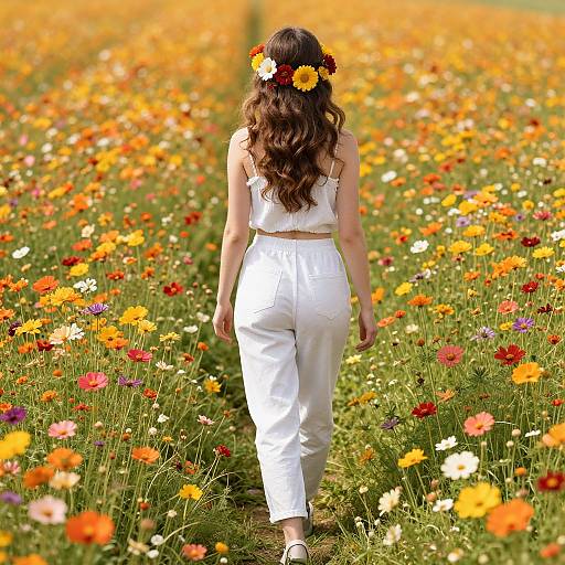 Photograph of a woman with long brown hair, wearing a white floral crown and white pants, walking through a vibrant orange and yellow wildflower field.