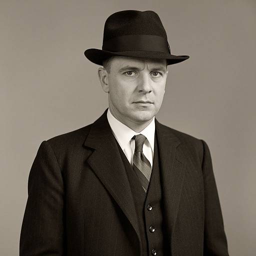 Black-and-white photograph of a serious, fair-skinned man in a dark suit, white shirt, patterned tie, and black bowler hat against
