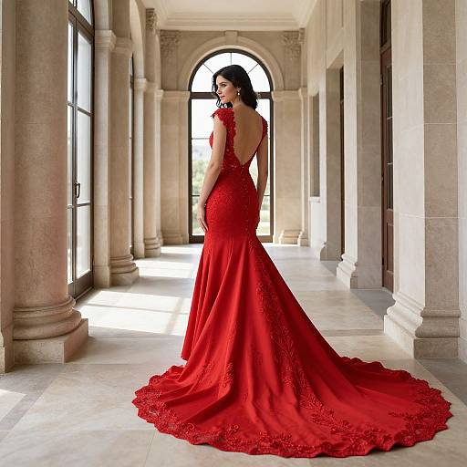 Photograph of a woman in a backless, red lace evening gown with a long train, standing in a sunlit, stone-columned hallway.