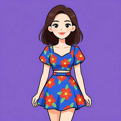 Digital anime-style drawing of a smiling young woman with brown hair, wearing a blue floral dress and standing against a purple background.