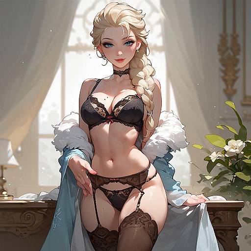 Anime Style Blonde Woman in Black Lingerie