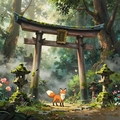 Digital painting of a vibrant forest scene with a red fox standing in front of a moss-covered Shinto torii gate, surrounded by lanterns and colorful