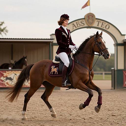 Photograph of a female equestrian in a black blazer and white pants, riding a brown horse with a decorative saddle, in an arena with
