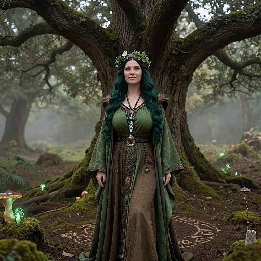 Photorealistic digital artwork of a green-haired woman in a medieval forest, wearing a green dress, floral crown, standing before a large tree with glowing