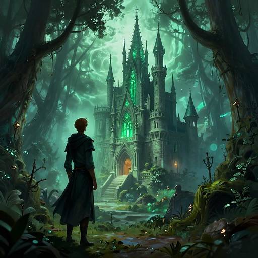 Digital fantasy artwork: Silhouetted adventurer in dark cloak stands before glowing, Gothic castle with green-lit spires in misty, enchanted forest
