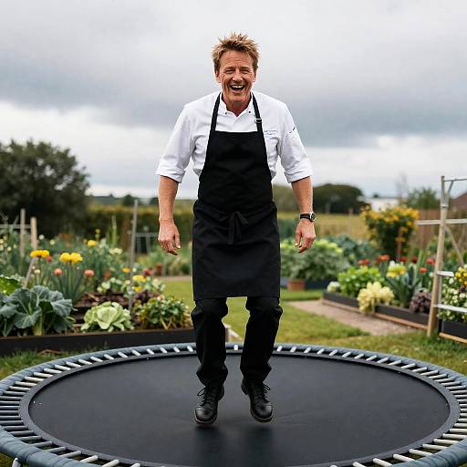 Photograph of a smiling, middle-aged man with short, spiky blonde hair, wearing a white shirt, black apron, and black pants,