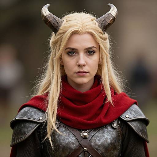 Photograph of a blonde woman with dragon horns, wearing black armor, a red scarf, and intense expression, in a blurred outdoor setting.
