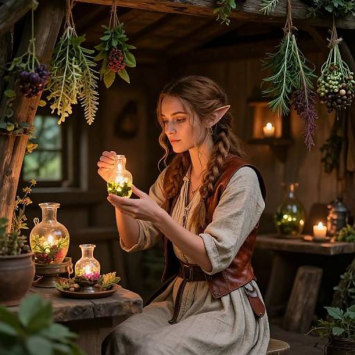 Fantasy elf woman with long braids, wearing a beige dress and brown vest, gently holds a glowing lantern in a rustic, warmly lit wooden cottage