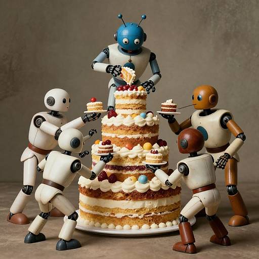 Photograph of four colorful, robotic figures with jointed arms and legs, celebrating a three-tiered, frosted cake with fruit toppings.