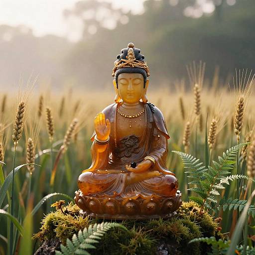 Photograph of a golden Buddha statue in a serene field of tall grass and ferns, bathed in soft, golden sunlight.