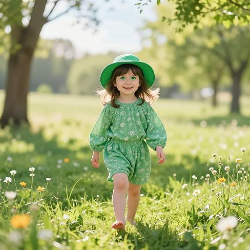 Photograph of a smiling young girl in a green dress and hat, walking through a sunlit, grassy meadow with dandelions.